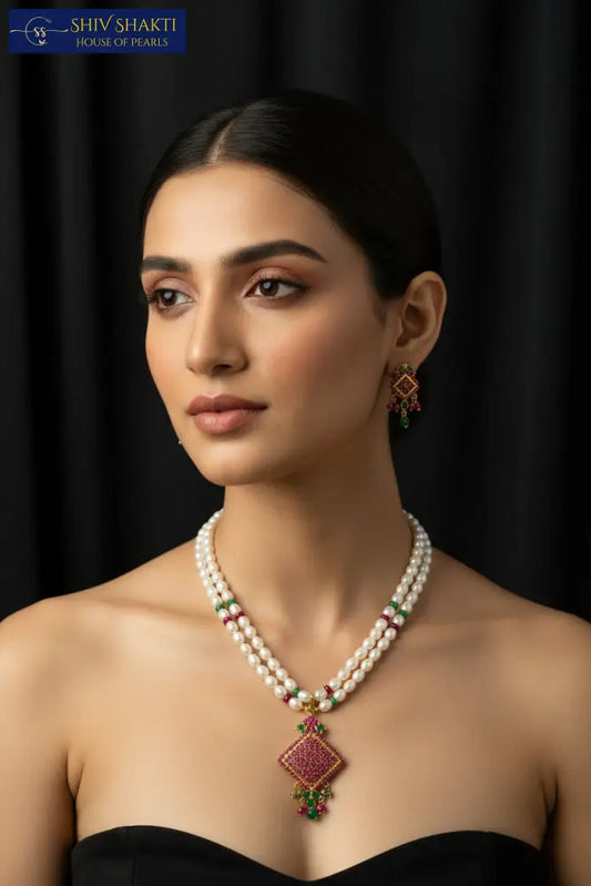 Ruby Emerald Pearl Necklace Pearl Necklace / Mala