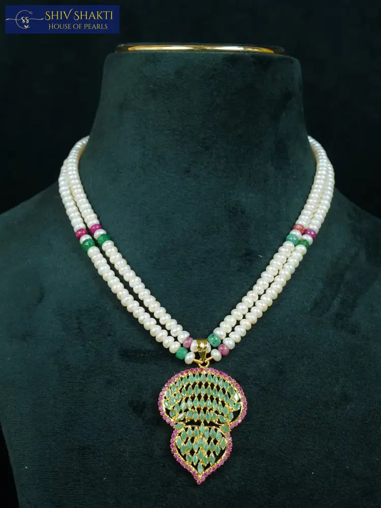 Ruby Emerald Pendand Set Pearl Necklace / Mala
