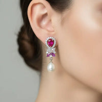 Ruby Floral Pearl Drops Earring Pearl Earrings