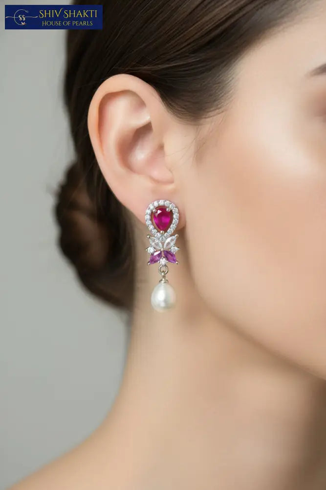 Ruby Floral Pearl Drops Earring Pearl Earrings