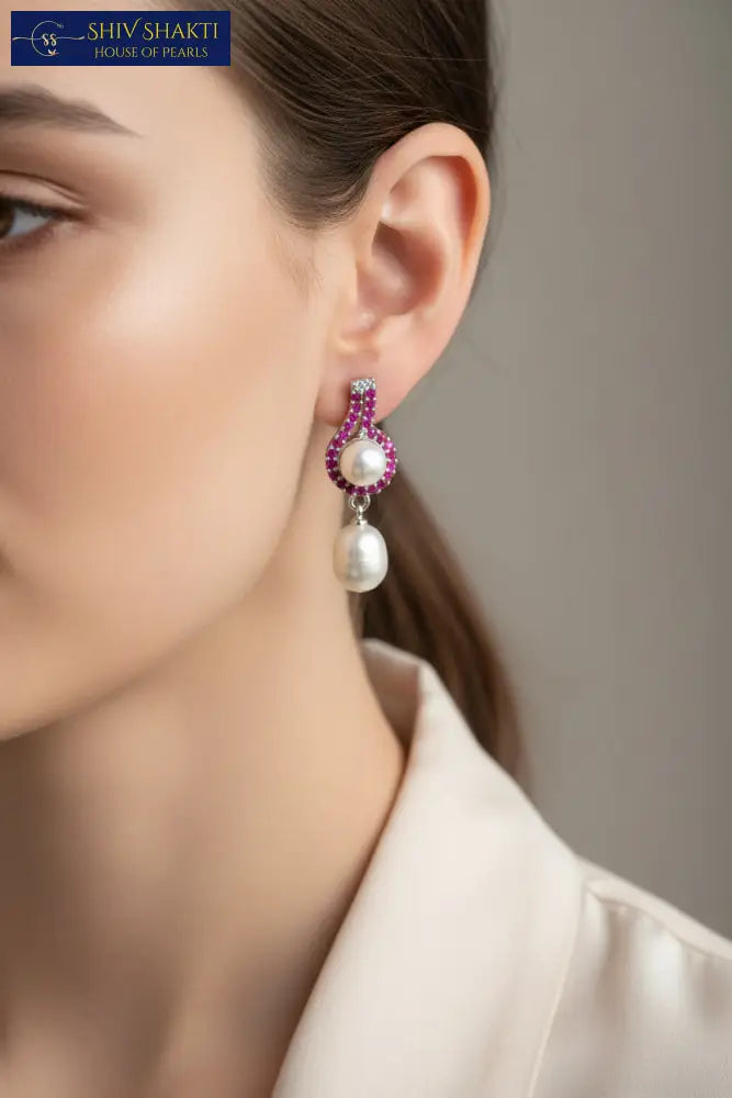 Ruby Loop Pearl Drop Pearl Earrings