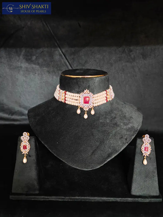 Ruby Pearl Choker Necklace / Mala