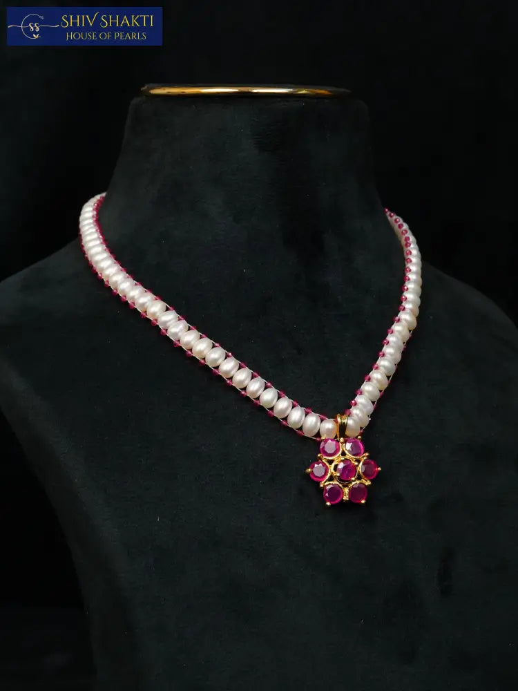 Ruby Pearl Flower Necklace Necklace / Mala