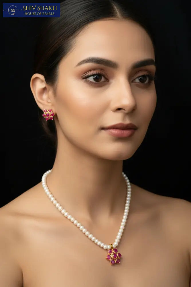 Ruby Pearl Flower Necklace Necklace / Mala