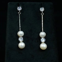 Silver Double Pearl Drop Linear Earring Pearl Earrings