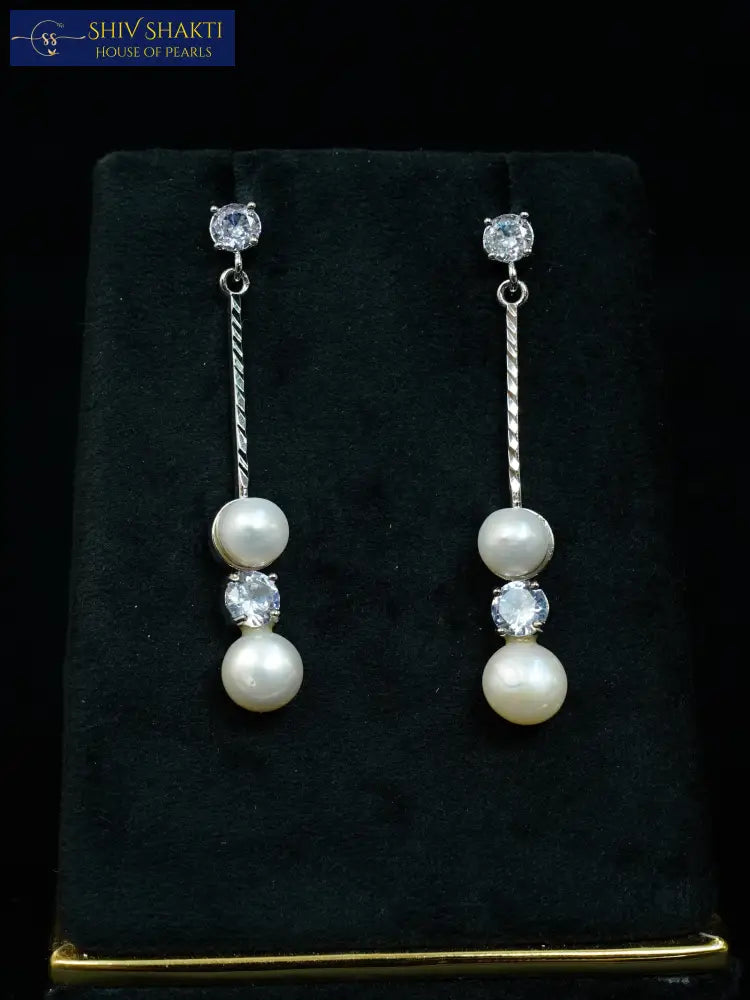 Silver Double Pearl Drop Linear Earring Pearl Earrings