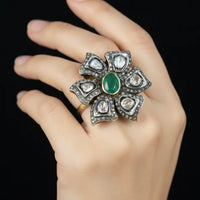 Silver Emerald diamond cut Polki Ring Silver Jewellery