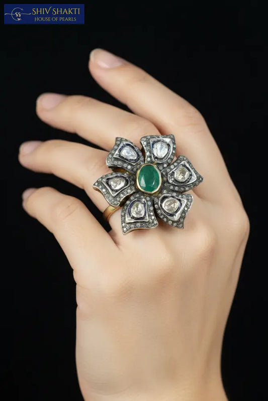 Silver Emerald diamond cut Polki Ring Silver Jewellery