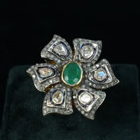 Silver Emerald diamond cut Polki Ring Silver Jewellery