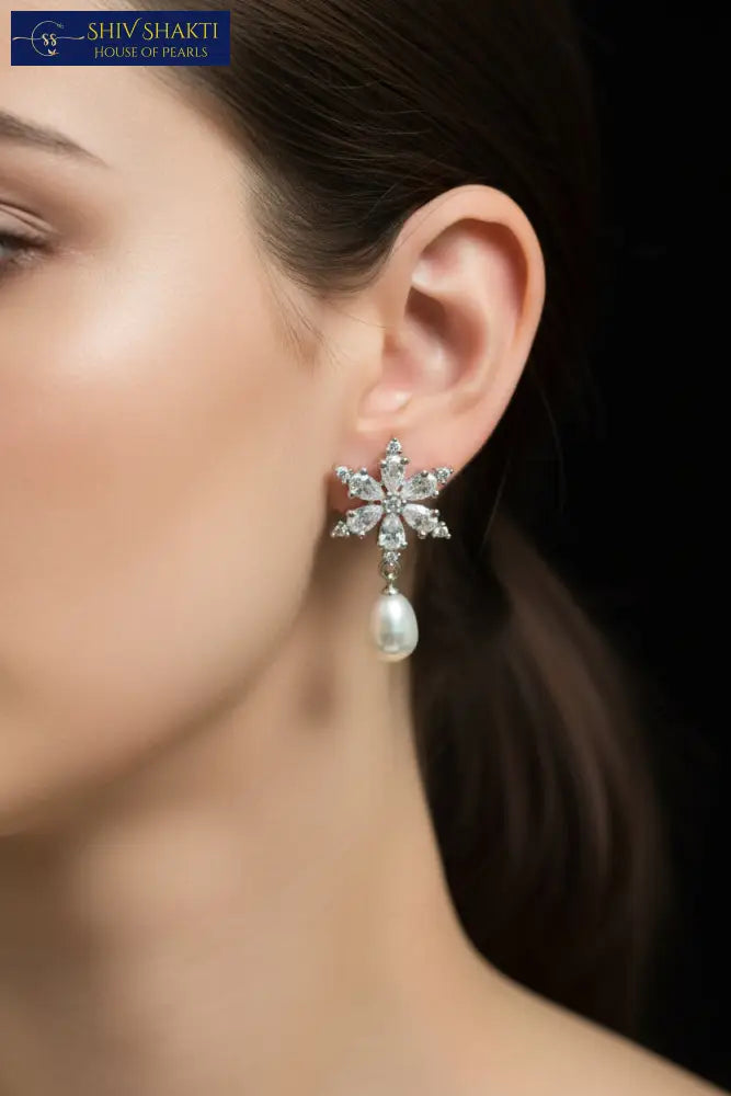 Snowflake Stone Pearl Drops Pearl Earrings