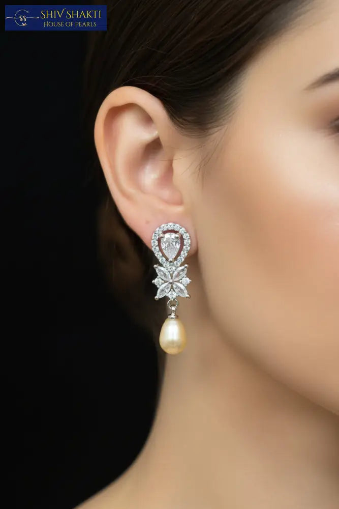 Stone Floral Drop Earring Pearl Earrings