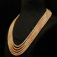 White and Peach 5 line Pearl Necklace Necklace / Mala