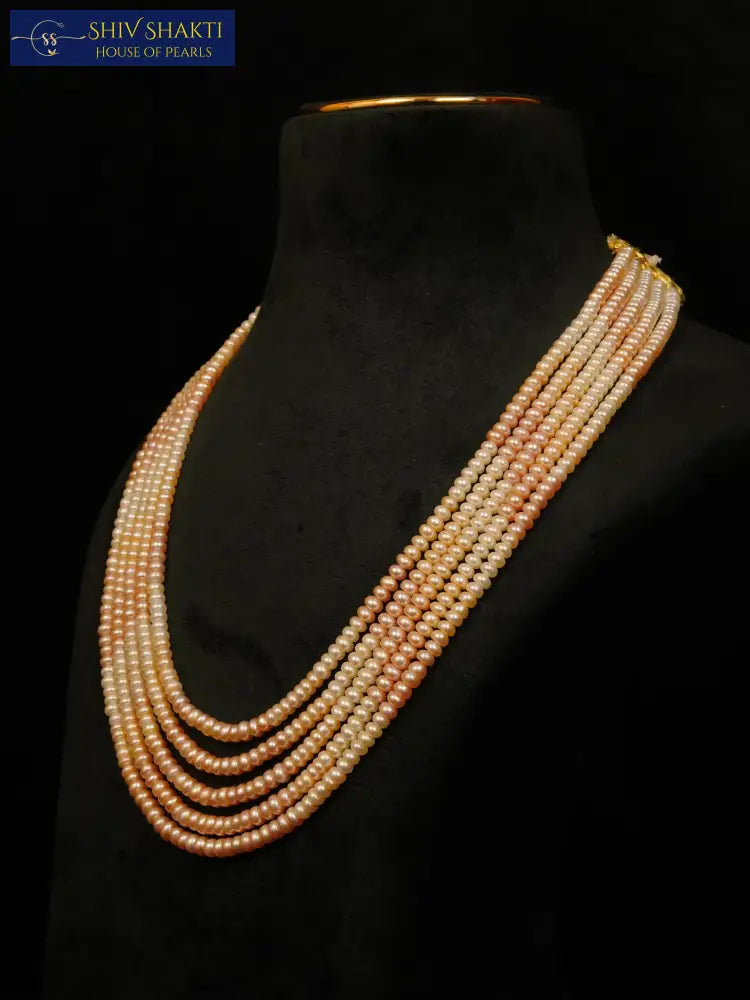 White and Peach 5 line Pearl Necklace Necklace / Mala
