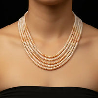 White and Peach 5 line Pearl Necklace Necklace / Mala