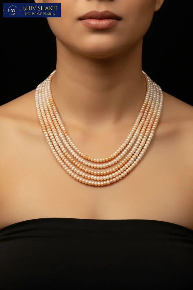 White and Peach 5 line Pearl Necklace Necklace / Mala