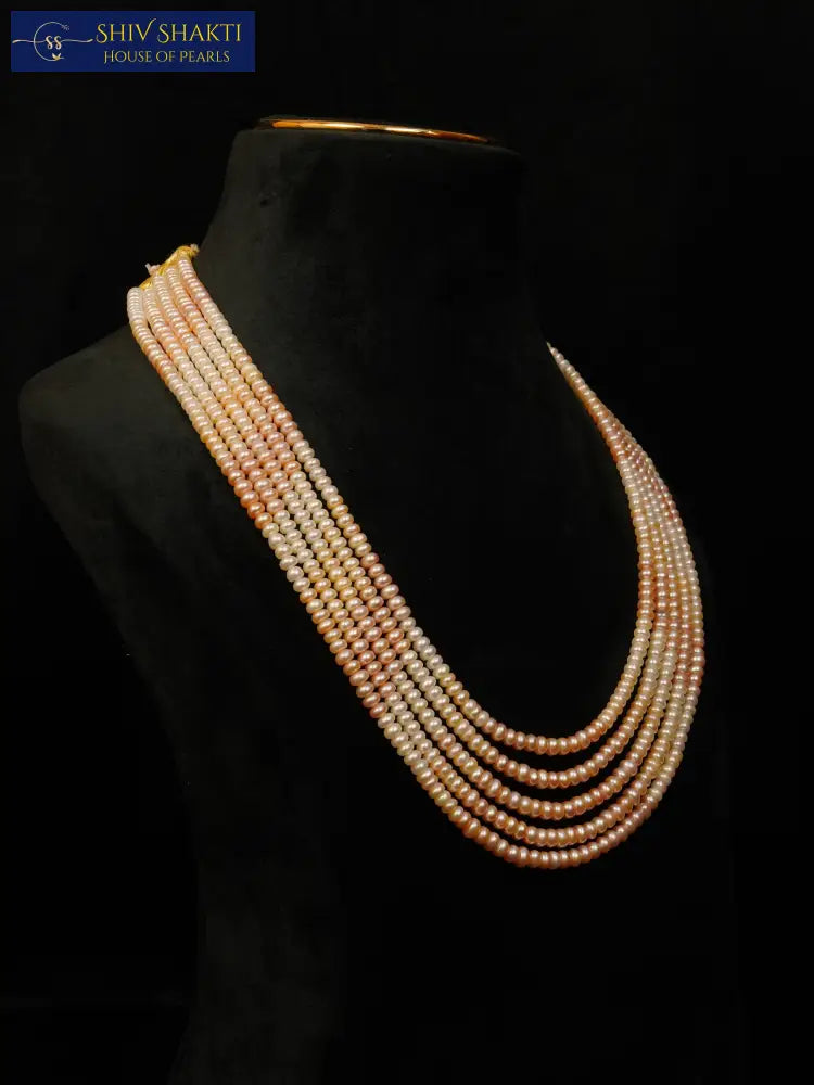 White and Peach 5 line Pearl Necklace Necklace / Mala