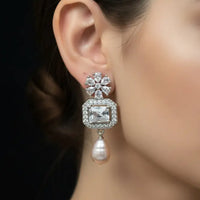 White Stone Rhodium Detailing With Pearl Drops Pearl Earrings