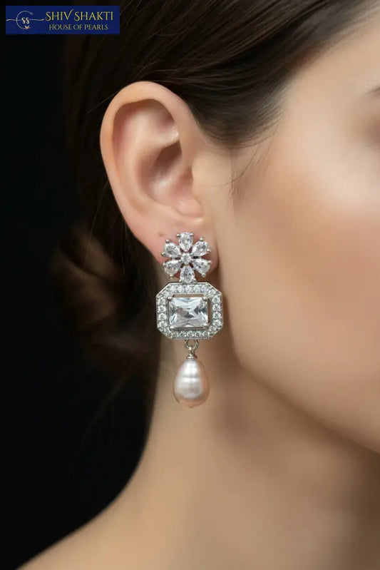 White Stone Rhodium Detailing With Pearl Drops Pearl Earrings