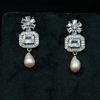 White Stone Rhodium Detailing With Pearl Drops Pearl Earrings