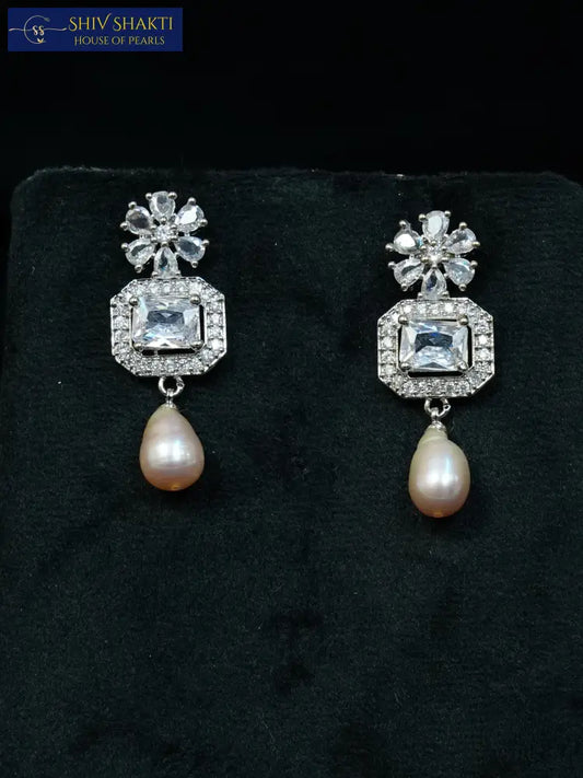 White Stone Rhodium Detailing With Pearl Drops Pearl Earrings